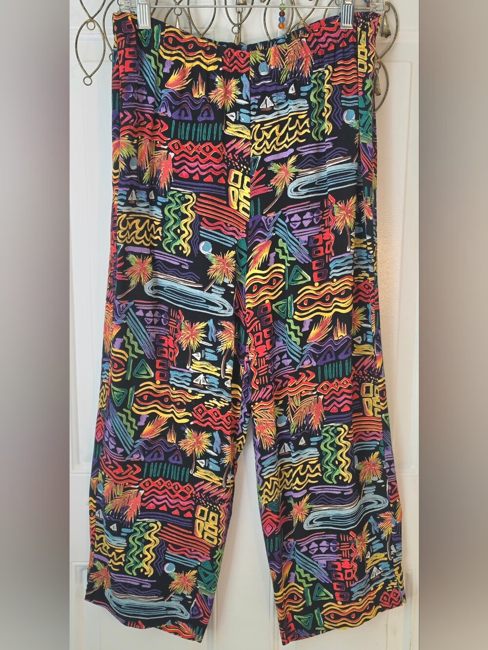 90s Vintg Wareable Art Multi-Color Abstract Print Wide-Leg Flowy Pants Womens S